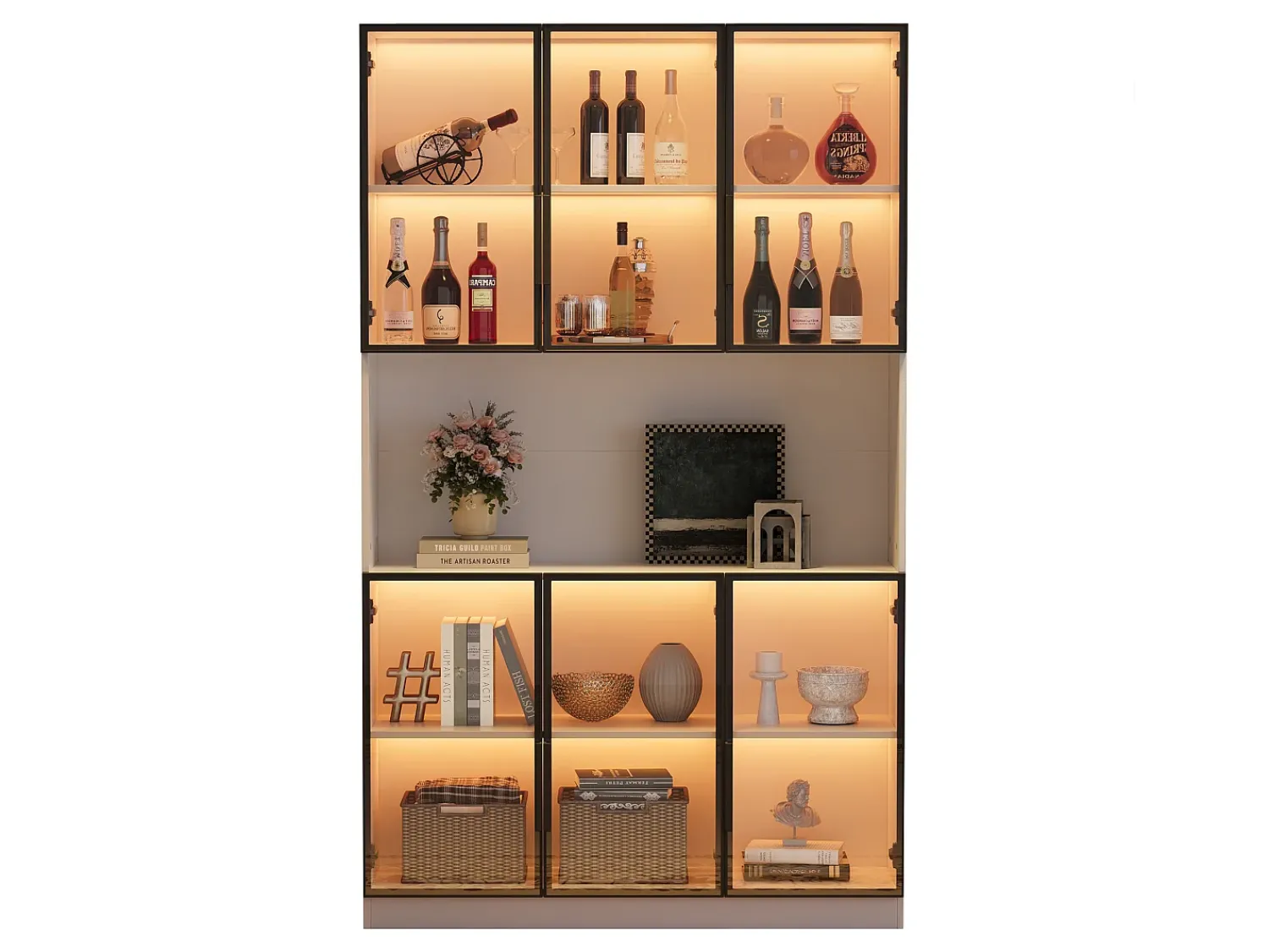ModernLuxe Vitrina moderna 120x34x200 cm - Iluminação LED - 6 portas de vidro - Espaço de armazenamento aberto - MDF -^ Vitrina