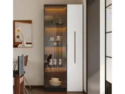 Vitrina|ModernLuxe Vitrina móvel 70x40x160 cm - Estante de livros - Iluminação LED - 1 porta de vidro e 1 gaveta - con rodas - MDF - Preto e branco Preto / Branco