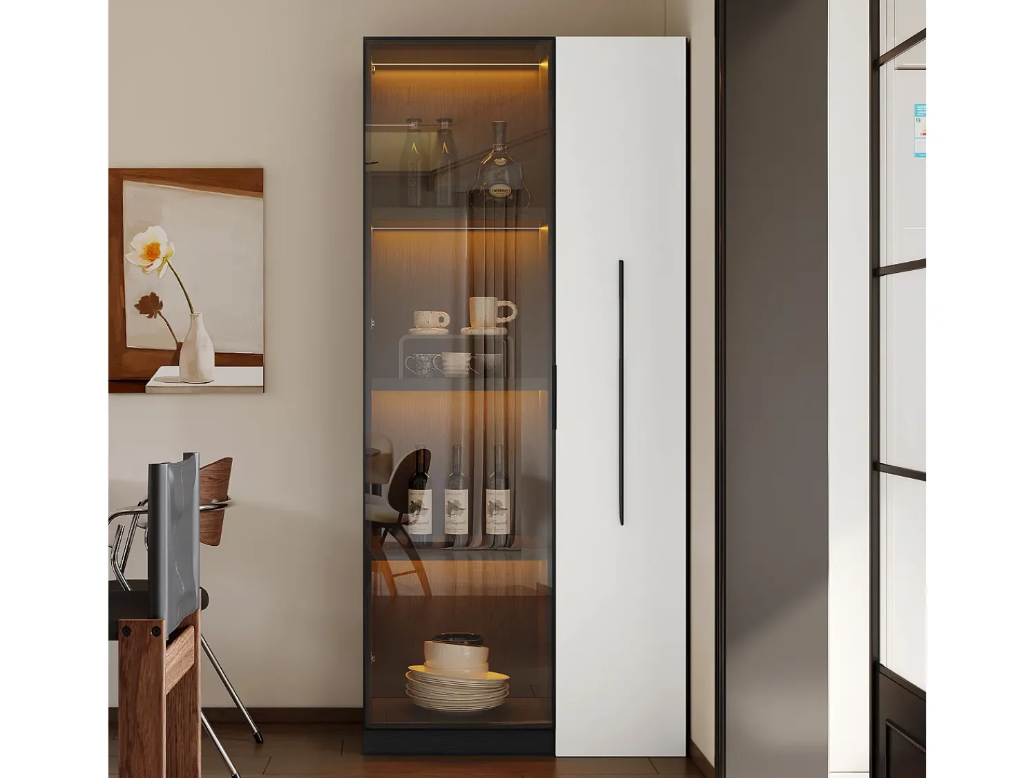 Vitrina|ModernLuxe Vitrina móvel 70x40x160 cm - Estante de livros - Iluminação LED - 1 porta de vidro e 1 gaveta - con rodas - MDF - Preto e branco Preto / Branco