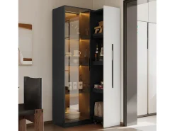 Vitrina|ModernLuxe Vitrina móvel 70x40x160 cm - Estante de livros - Iluminação LED - 1 porta de vidro e 1 gaveta - con rodas - MDF - Preto e branco Preto / Branco