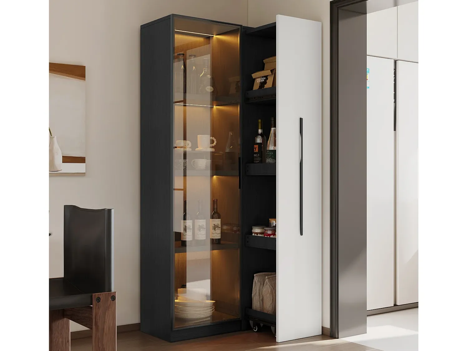 Vitrina|ModernLuxe Vitrina móvel 70x40x160 cm - Estante de livros - Iluminação LED - 1 porta de vidro e 1 gaveta - con rodas - MDF - Preto e branco Preto / Branco