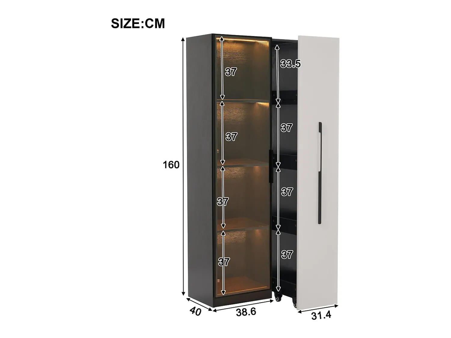 Vitrina|ModernLuxe Vitrina móvel 70x40x160 cm - Estante de livros - Iluminação LED - 1 porta de vidro e 1 gaveta - con rodas - MDF - Preto e branco Preto / Branco