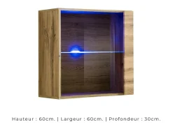Price Factory Vitrina quadrada suspensa na cor carvalho claro com 1 porta de vidro e iluminação LED inclusa. Coleção SWITCH.^ Vitrina