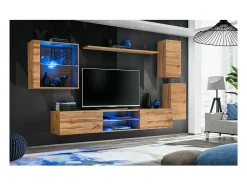 Price Factory Vitrina quadrada suspensa na cor carvalho claro com 1 porta de vidro e iluminação LED inclusa. Coleção SWITCH.^ Vitrina