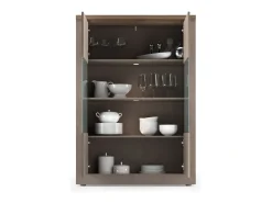 Clearance Meublorama Vitrina SASHA – 2 portas com 3 prateleiras e LED – Bronze e tampo de madeira Mercúrio Castanho