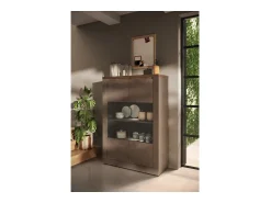 Clearance Meublorama Vitrina SASHA – 2 portas com 3 prateleiras e LED – Bronze e tampo de madeira Mercúrio Castanho