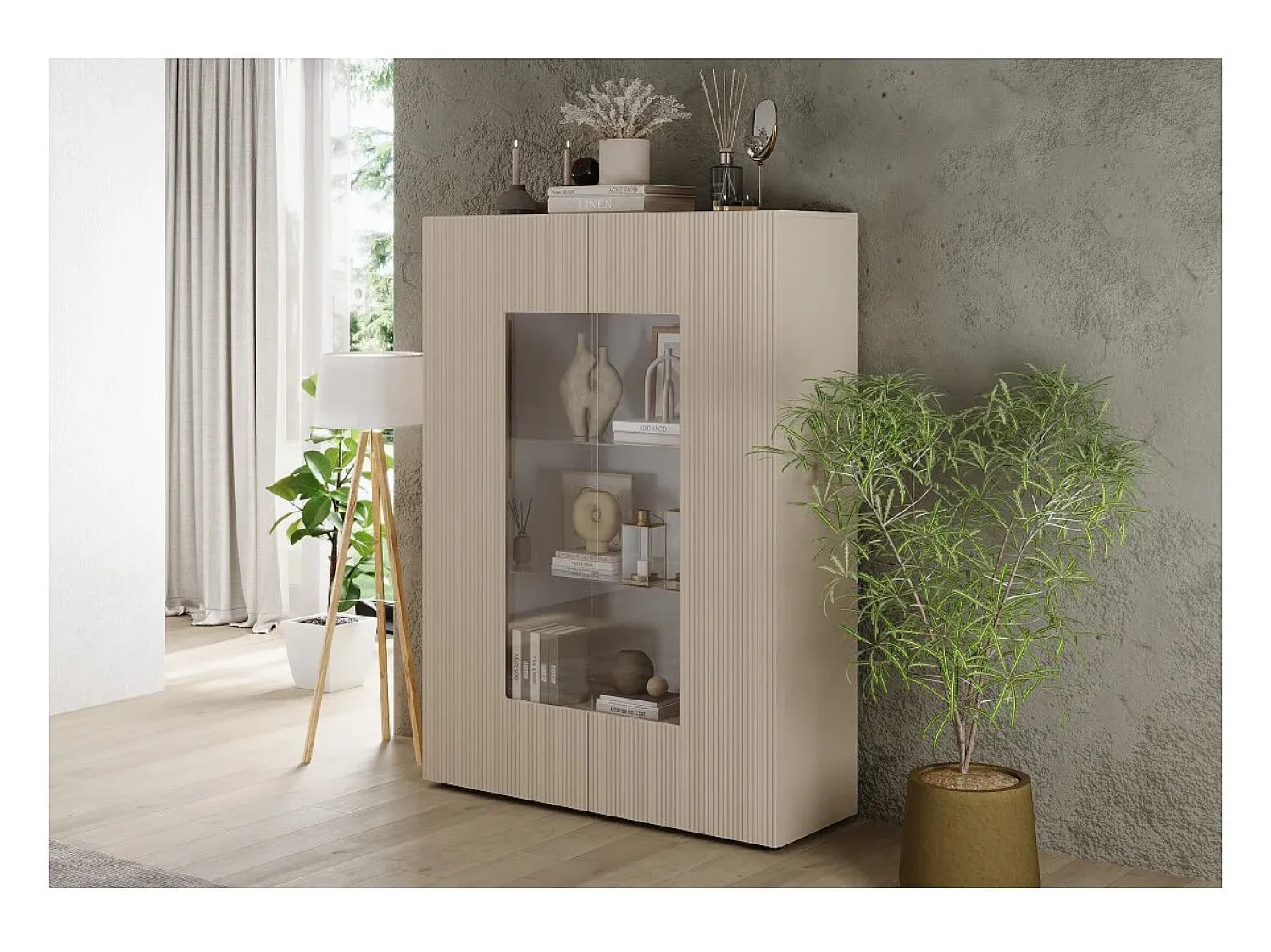 Outlet Meublorama Vitrina SCENA – L121 x A166 x P42 cm – 2 portas – Cor Caxemira Bege