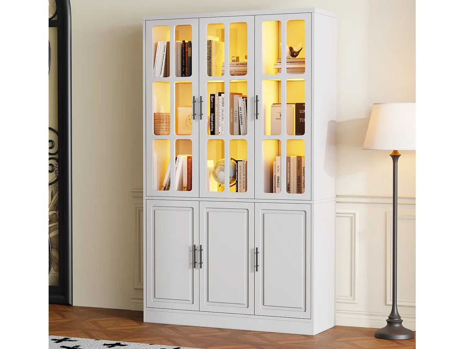 Vitrina*ModernLuxe Vitrina 121,5x41x200 cm - con iluminação LED - 6 portas - prateleiras ajustáveis - MDF - Branco