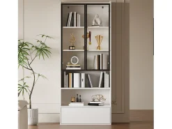 Vitrina*ModernLuxe Vitrina 80x34x180 cm - con iluminação LED - 1 gaveta e 2 portas de vidro - prateleiras abertas - MDF - Branco