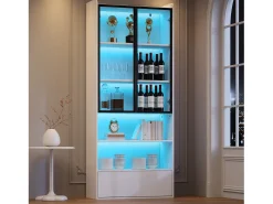 Vitrina*ModernLuxe Vitrina 80x34x180 cm - con iluminação LED - 1 gaveta e 2 portas de vidro - prateleiras abertas - MDF - Branco