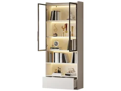 Vitrina*ModernLuxe Vitrina 80x34x180 cm - con iluminação LED - 1 gaveta e 2 portas de vidro - prateleiras abertas - MDF - Branco