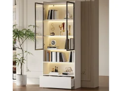Vitrina*ModernLuxe Vitrina 80x34x180 cm - con iluminação LED - 1 gaveta e 2 portas de vidro - prateleiras abertas - MDF - Branco