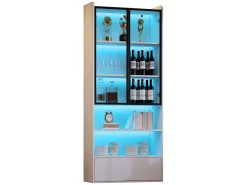 Vitrina*ModernLuxe Vitrina 80x34x180 cm - con iluminação LED - 1 gaveta e 2 portas de vidro - prateleiras abertas - MDF - Branco