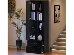 Clearance ModernLuxe Vitrina 60x35x182 cm con iluminação LED - 2 portas e 2 gavetas - Portas de vidro - Painéis de partículas - Preto