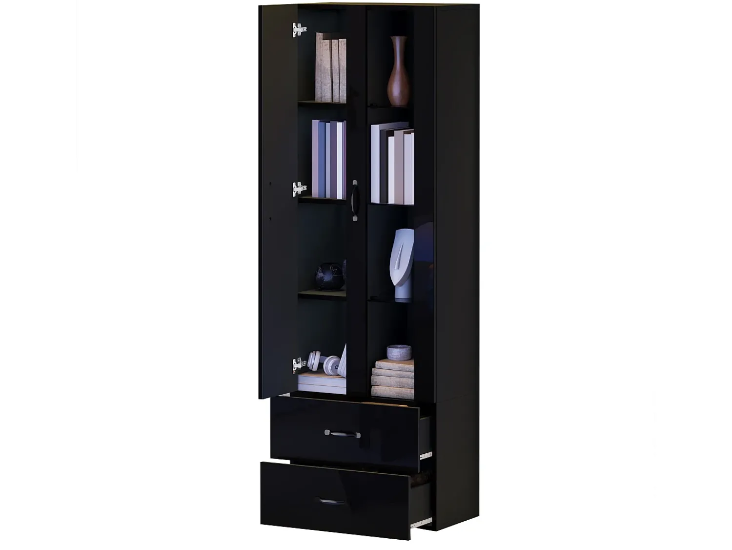 Clearance ModernLuxe Vitrina 60x35x182 cm con iluminação LED - 2 portas e 2 gavetas - Portas de vidro - Painéis de partículas - Preto