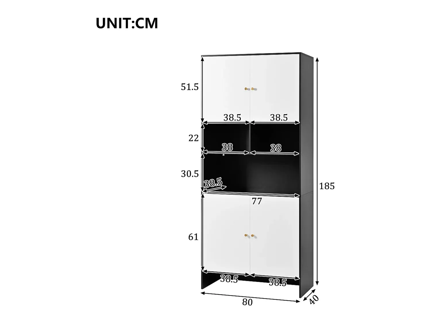 New ModernLuxe Vitrina 80x40x185cm - con iluminação LED - con 4 portas e 3 compartimentos de armazenamento abertos - Branco + Preto Preto / Branco