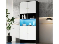 New ModernLuxe Vitrina 80x40x185cm - con iluminação LED - con 4 portas e 3 compartimentos de armazenamento abertos - Branco + Preto Preto / Branco