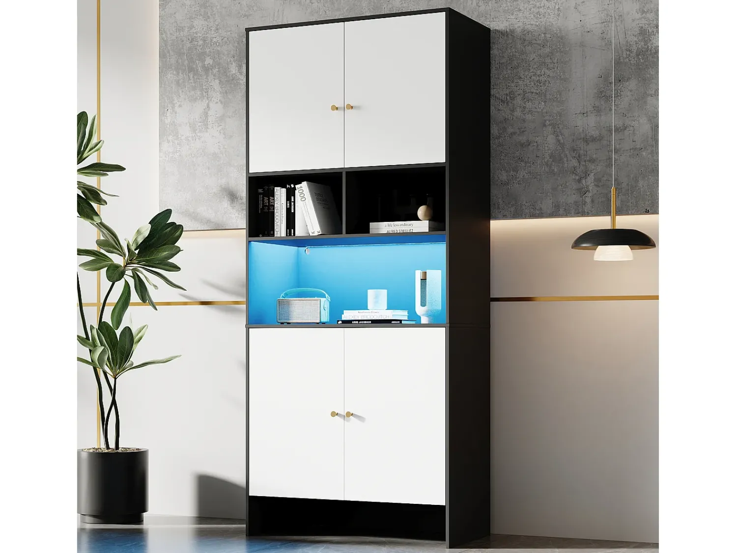 New ModernLuxe Vitrina 80x40x185cm - con iluminação LED - con 4 portas e 3 compartimentos de armazenamento abertos - Branco + Preto Preto / Branco
