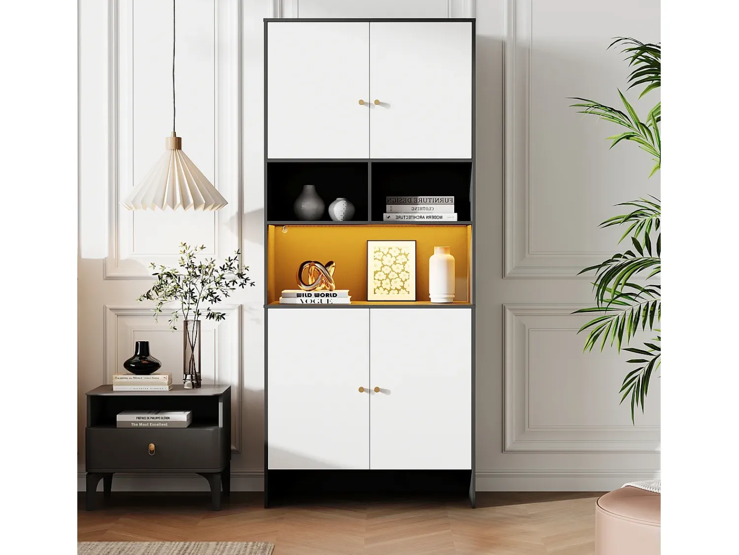 New ModernLuxe Vitrina 80x40x185cm - con iluminação LED - con 4 portas e 3 compartimentos de armazenamento abertos - Branco + Preto Preto / Branco