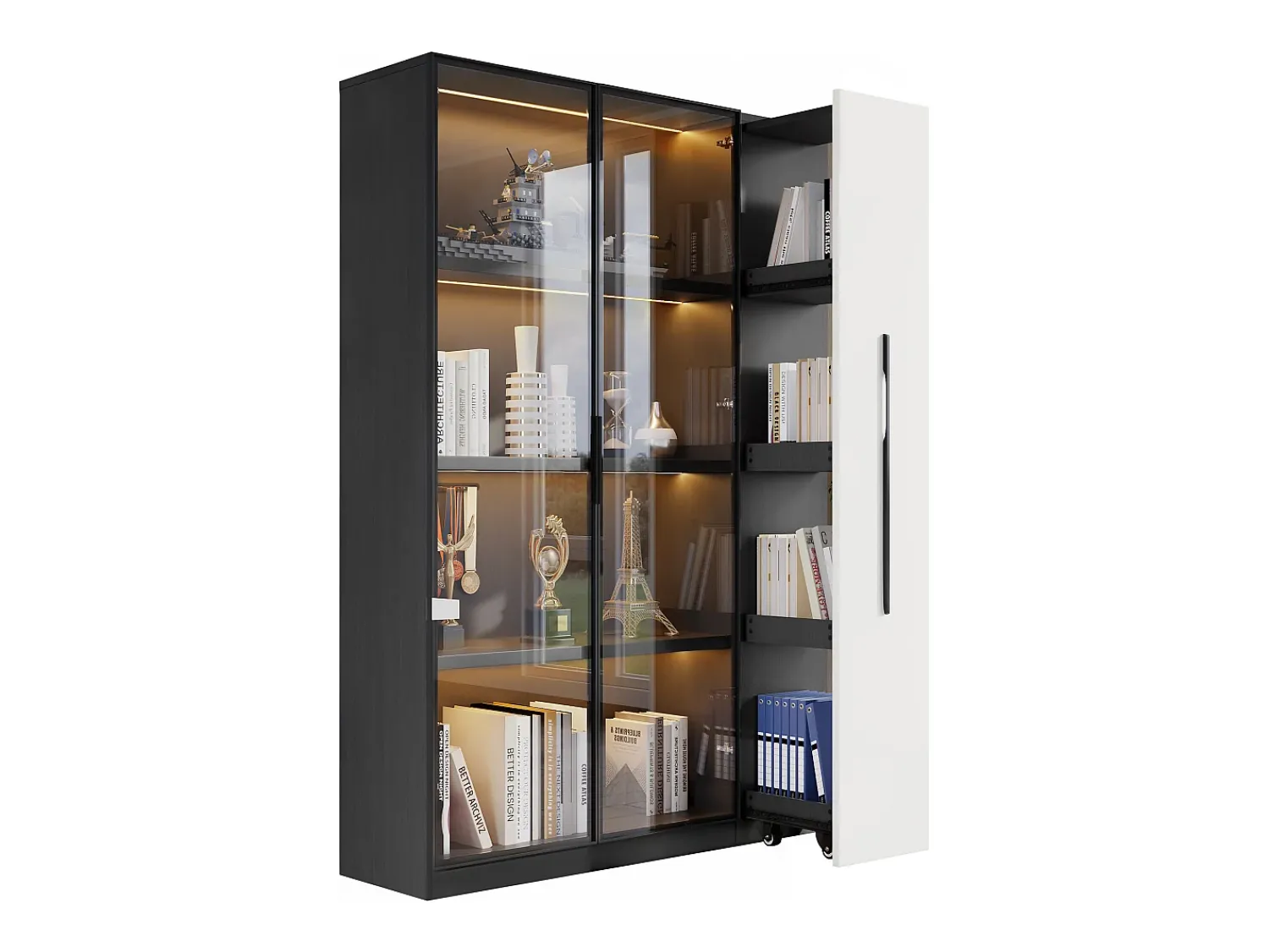 ModernLuxe Vitrine 110,5×35×160 cm - 2 portas de vidro - 1 gaveta lateral - com iluminação LED - preto + branco^ Vitrina