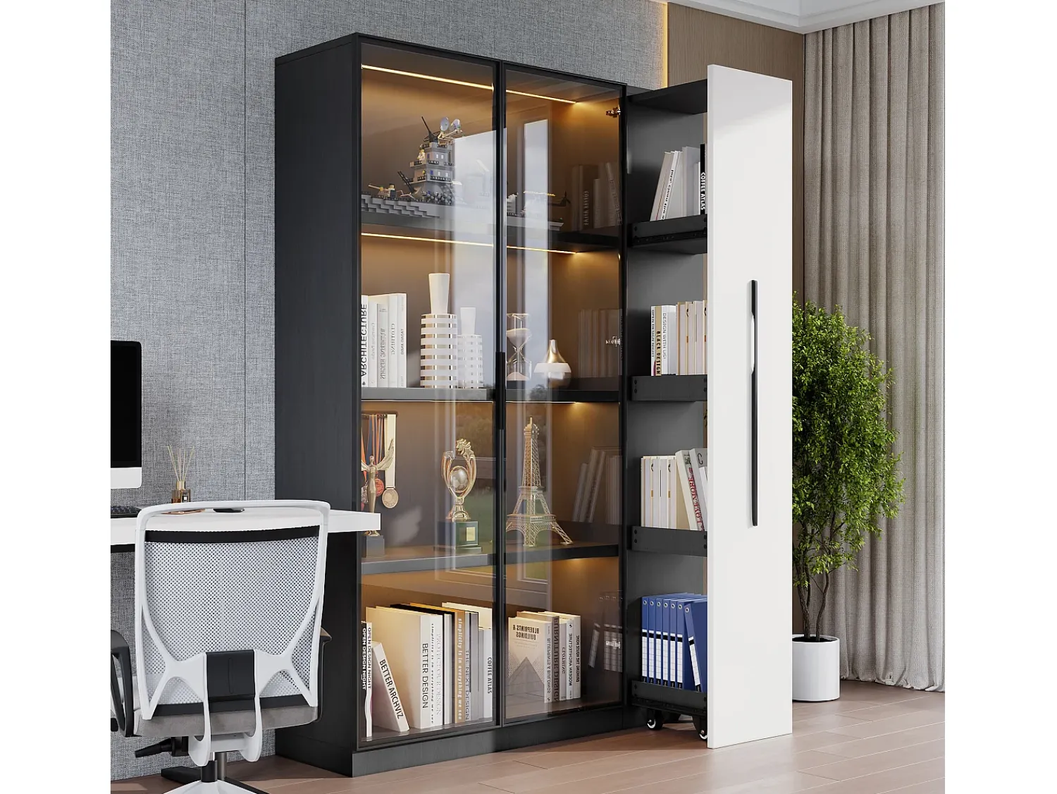 ModernLuxe Vitrine 110,5×35×160 cm - 2 portas de vidro - 1 gaveta lateral - com iluminação LED - preto + branco^ Vitrina