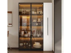 ModernLuxe Vitrine 110,5×35×160 cm - 2 portas de vidro - 1 gaveta lateral - com iluminação LED - preto + branco^ Vitrina