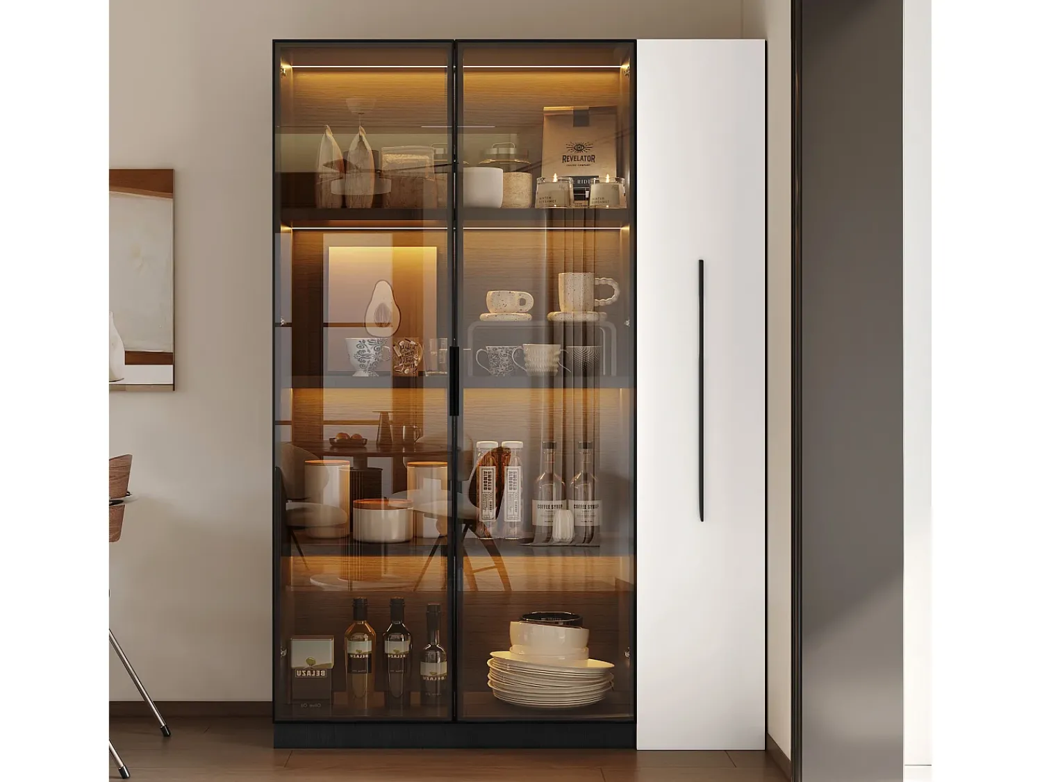 ModernLuxe Vitrine 110,5×35×160 cm - 2 portas de vidro - 1 gaveta lateral - com iluminação LED - preto + branco^ Vitrina