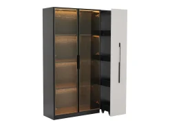 ModernLuxe Vitrine 110,5×35×160 cm - 2 portas de vidro - 1 gaveta lateral - com iluminação LED - preto + branco^ Vitrina