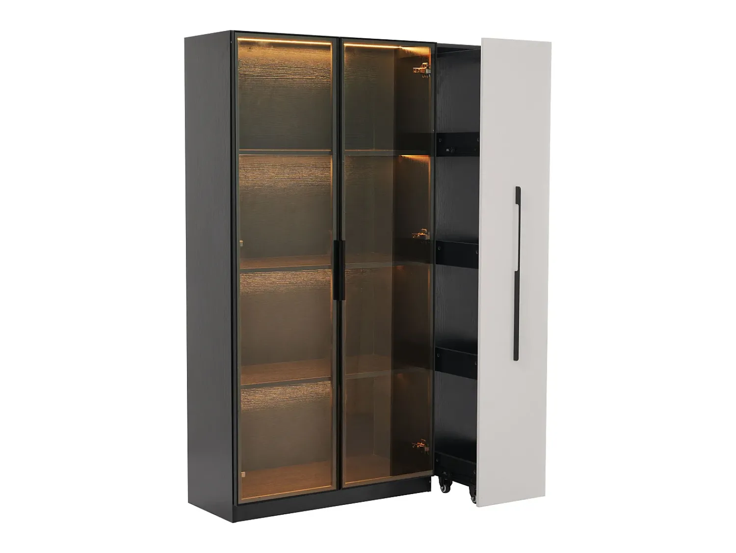 ModernLuxe Vitrine 110,5×35×160 cm - 2 portas de vidro - 1 gaveta lateral - com iluminação LED - preto + branco^ Vitrina