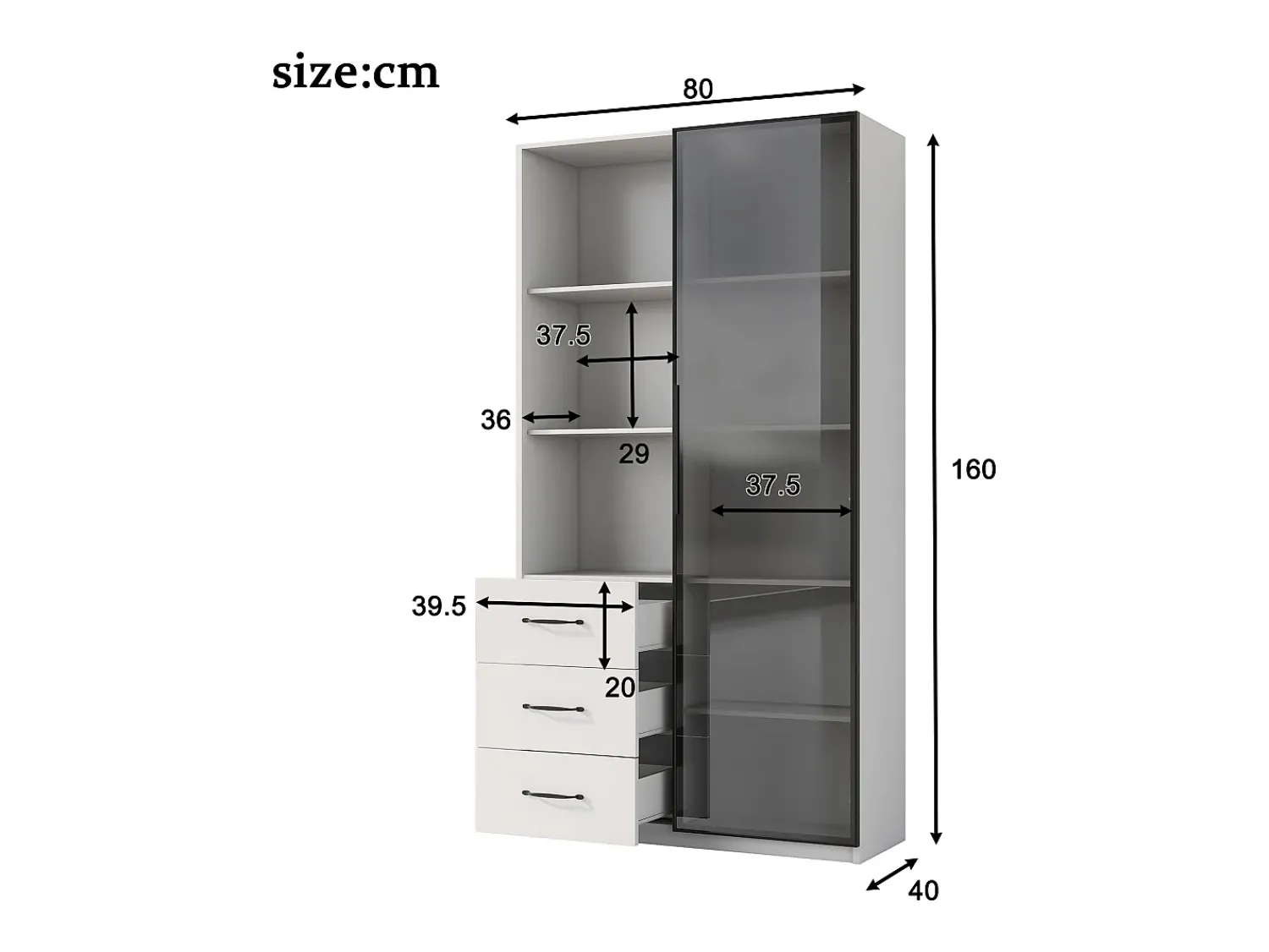 New ModernLuxe Vitrine 80×40×160 cm - com 1 porta de vidro temperado e 3 gavetas - com iluminação LED - 3 prateleiras abertas - Branco