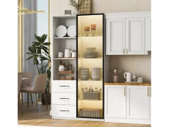 New ModernLuxe Vitrine 80×40×160 cm - com 1 porta de vidro temperado e 3 gavetas - com iluminação LED - 3 prateleiras abertas - Branco