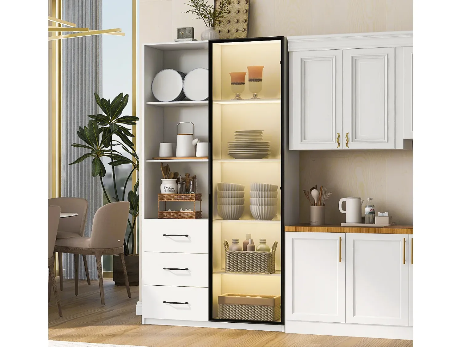 New ModernLuxe Vitrine 80×40×160 cm - com 1 porta de vidro temperado e 3 gavetas - com iluminação LED - 3 prateleiras abertas - Branco