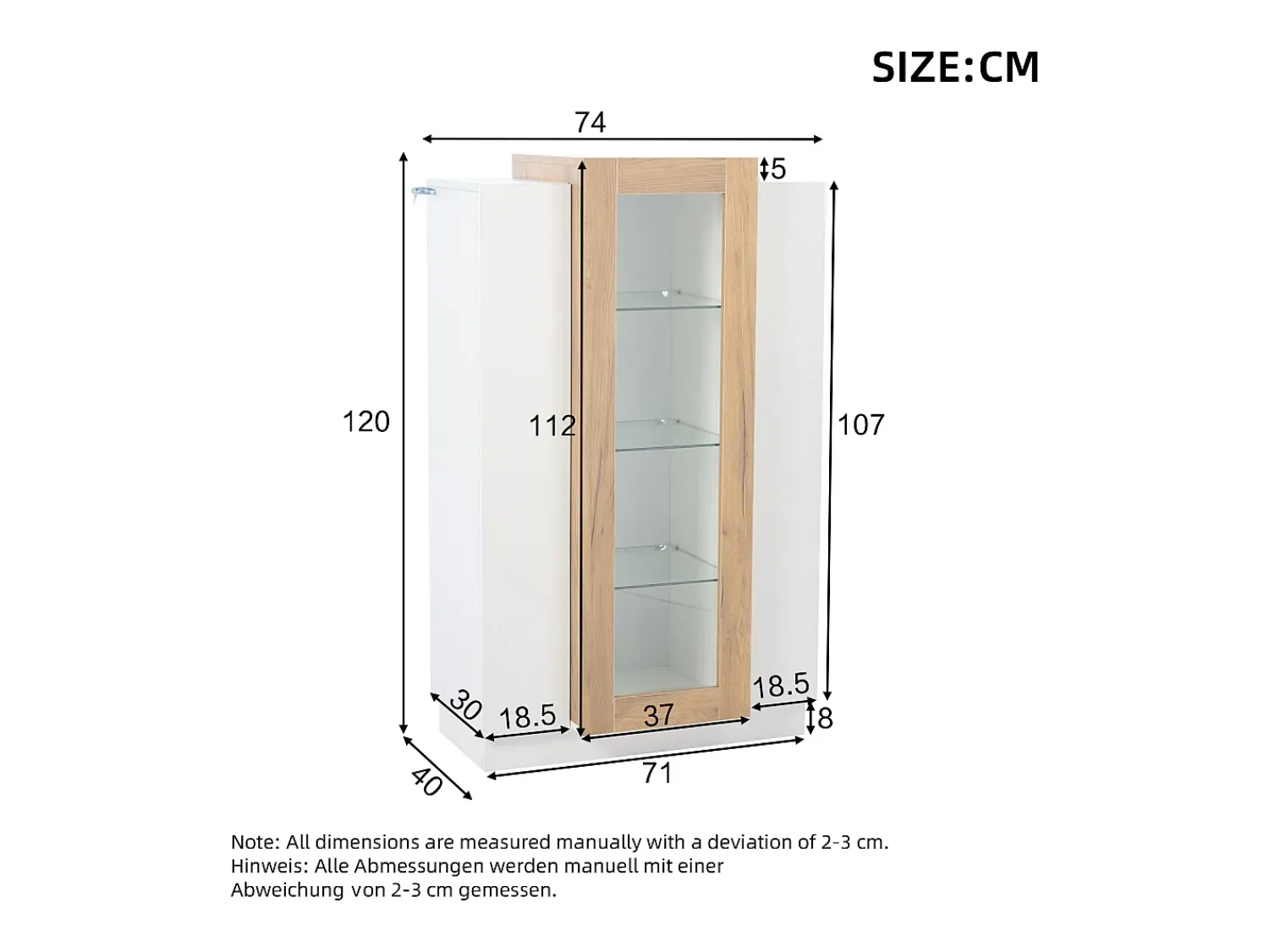 Vitrina|ModernLuxe Vitrine 74×40×120 cm - com 3 portas - com iluminação LED - com prateleiras de vidro - + natural Branco