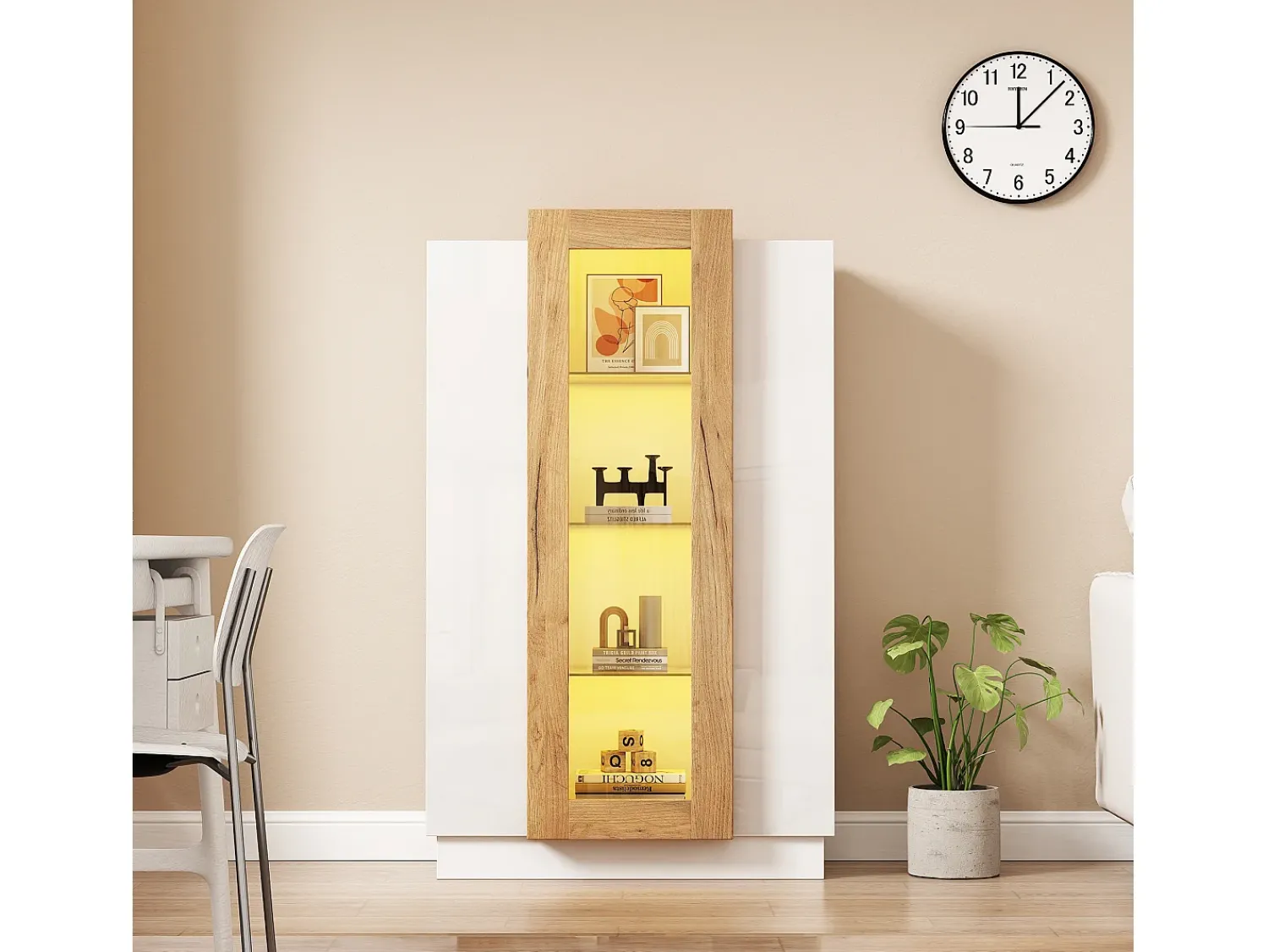 Vitrina|ModernLuxe Vitrine 74×40×120 cm - com 3 portas - com iluminação LED - com prateleiras de vidro - + natural Branco