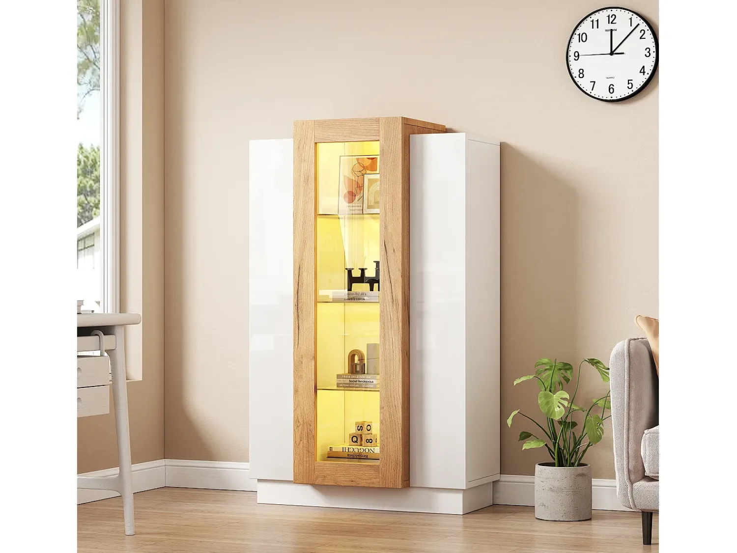 Vitrina|ModernLuxe Vitrine 74×40×120 cm - com 3 portas - com iluminação LED - com prateleiras de vidro - + natural Branco