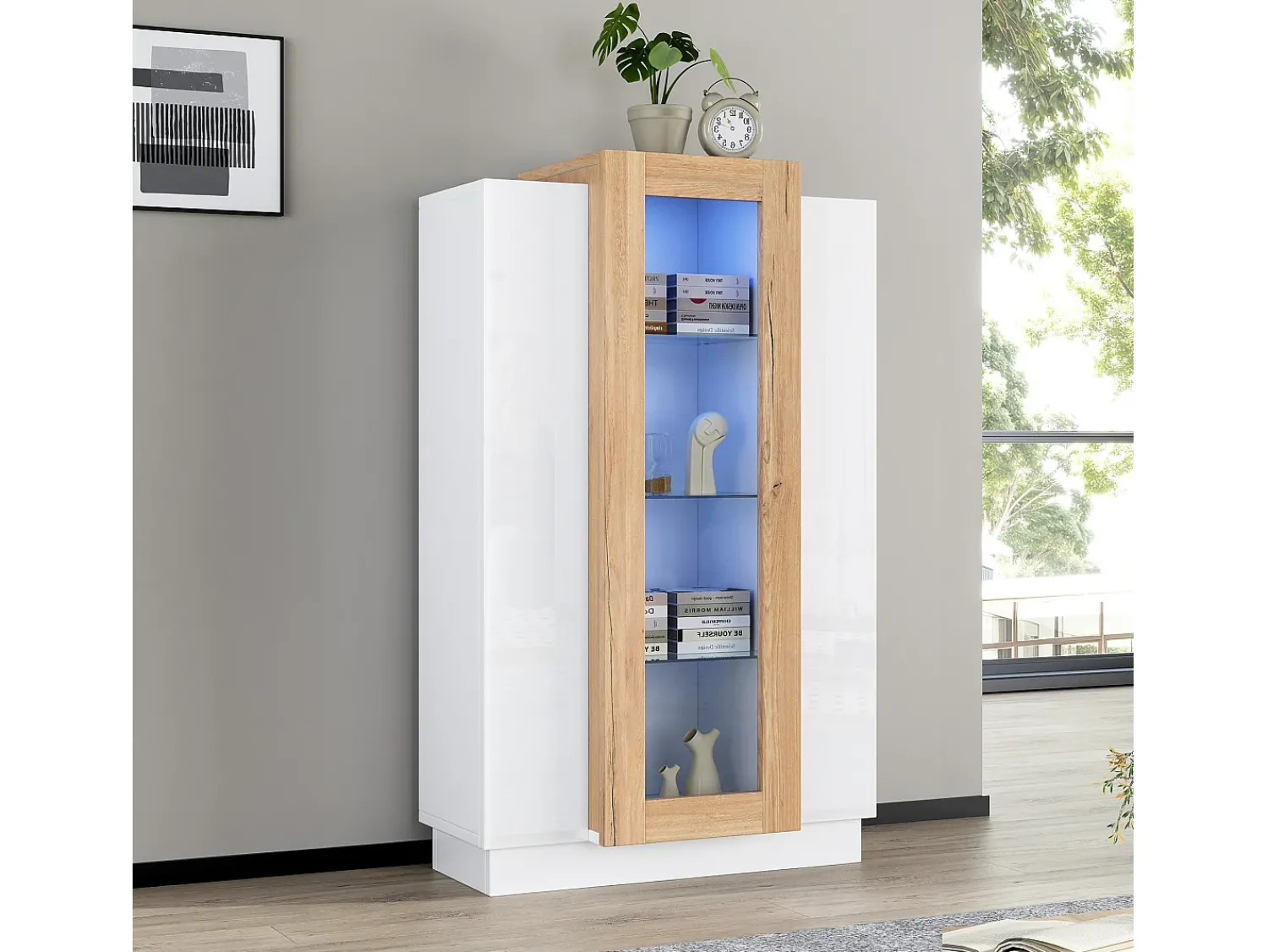 Vitrina|ModernLuxe Vitrine 74×40×120 cm - com 3 portas - com iluminação LED - com prateleiras de vidro - + natural Branco