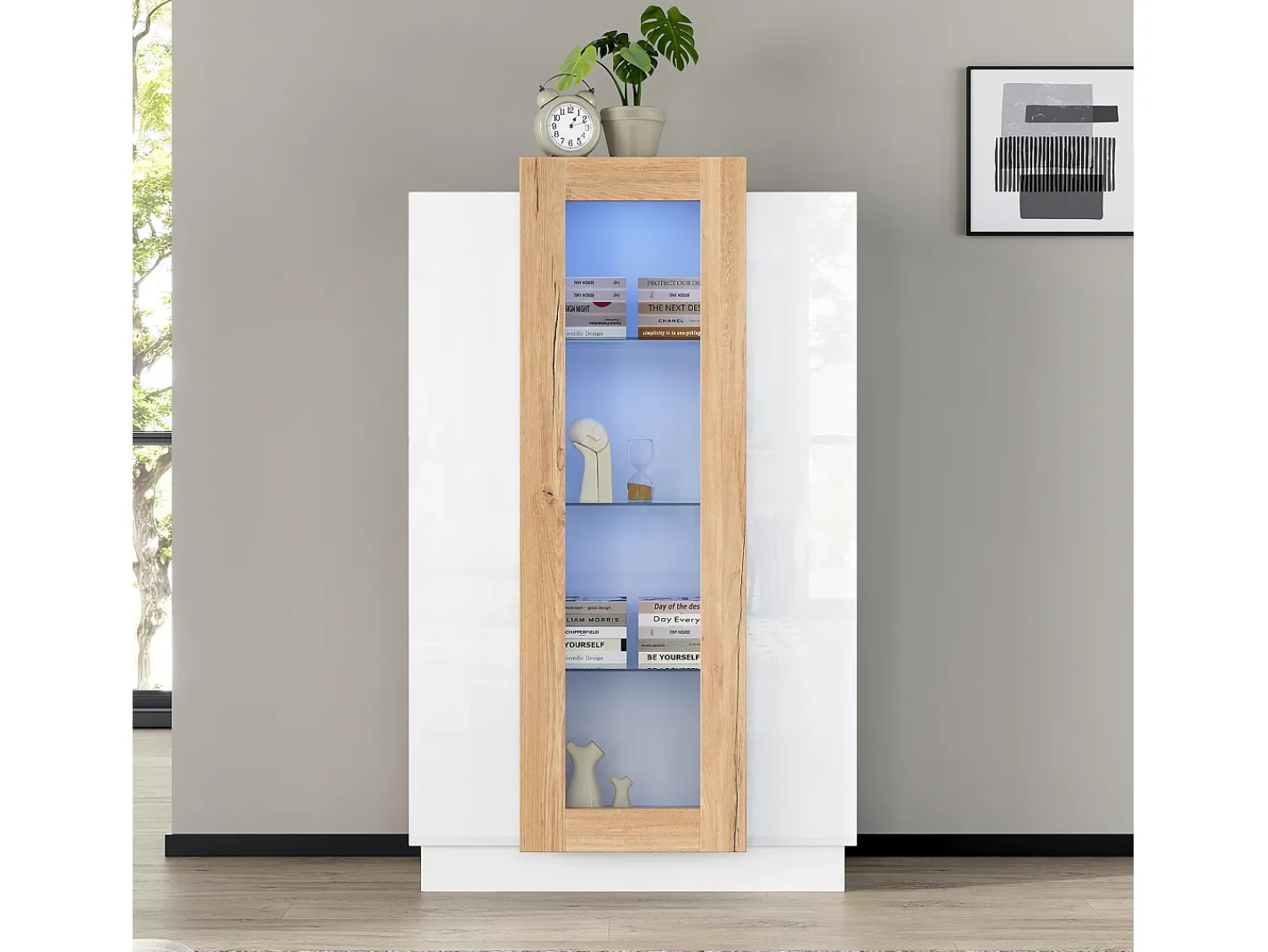 Vitrina|ModernLuxe Vitrine 74×40×120 cm - com 3 portas - com iluminação LED - com prateleiras de vidro - + natural Branco