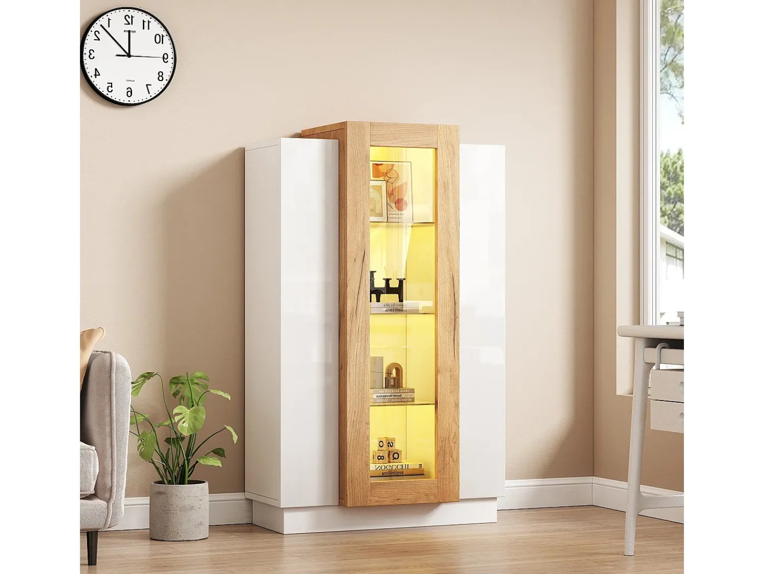 Vitrina|ModernLuxe Vitrine 74×40×120 cm - com 3 portas - com iluminação LED - com prateleiras de vidro - + natural Branco