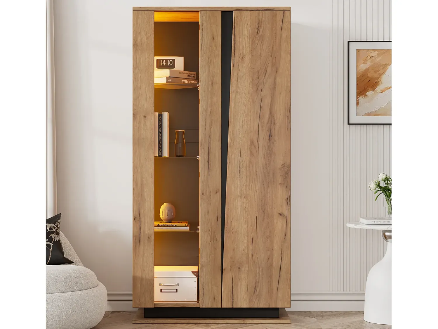 Best ModernLuxe Vitrine 80×35×160 cm - com 2 portas - iluminação LED - portas de acrílico - painel de partículas - natural Natural claro