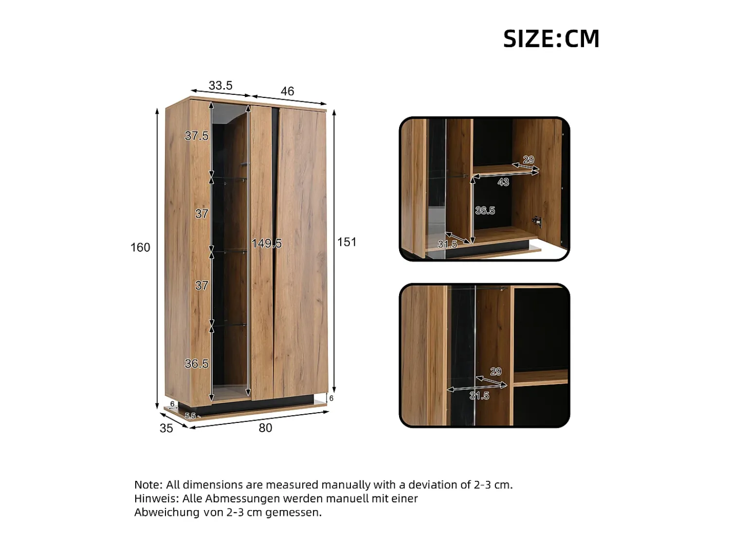 Best ModernLuxe Vitrine 80×35×160 cm - com 2 portas - iluminação LED - portas de acrílico - painel de partículas - natural Natural claro
