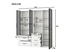 Vitrina|ModernLuxe Vitrine 140×40×160 cm - com iluminação LED - 3 portas de vidro - 5 gavetas - Branco