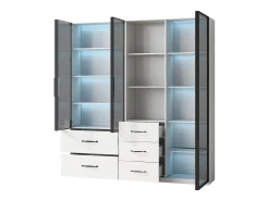 Vitrina|ModernLuxe Vitrine 140×40×160 cm - com iluminação LED - 3 portas de vidro - 5 gavetas - Branco