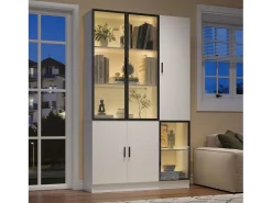 Vitrina|ModernLuxe Vitrine 120×35×200 cm - portas envidraçadas - 6 portas - com iluminação LED - painel de partículas + vidro temperado - Branco
