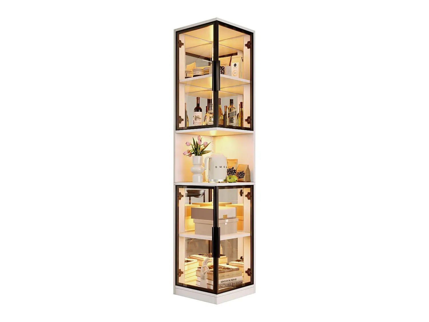 Vitrina*ModernLuxe Vitrine 205 cm de altura - Iluminação LED - 4 portas de vidro - Fundo espelho - Armazenamento aberto - Painéis de partículas - Branc Branco