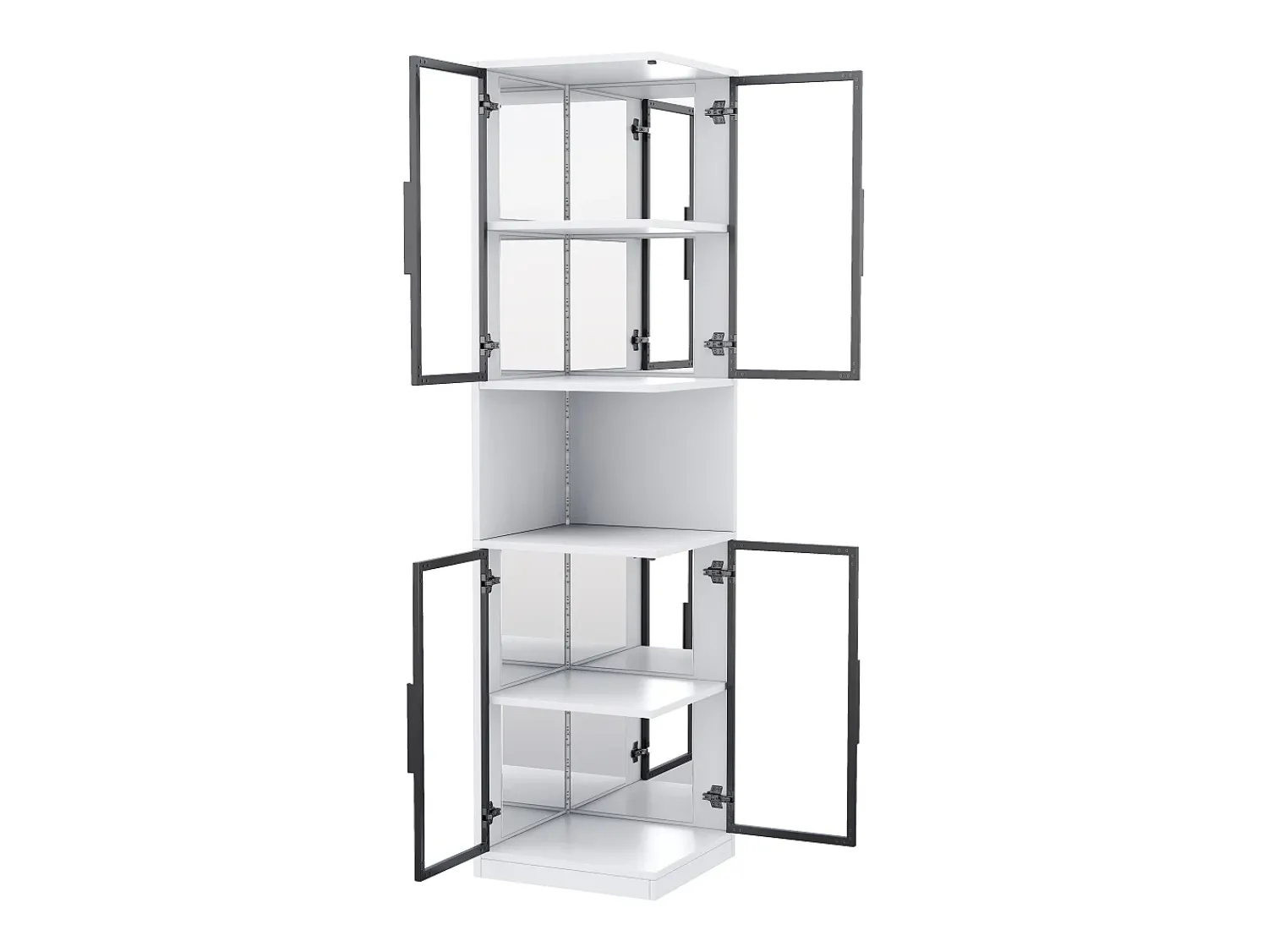 Vitrina*ModernLuxe Vitrine 205 cm de altura - Iluminação LED - 4 portas de vidro - Fundo espelho - Armazenamento aberto - Painéis de partículas - Branc Branco