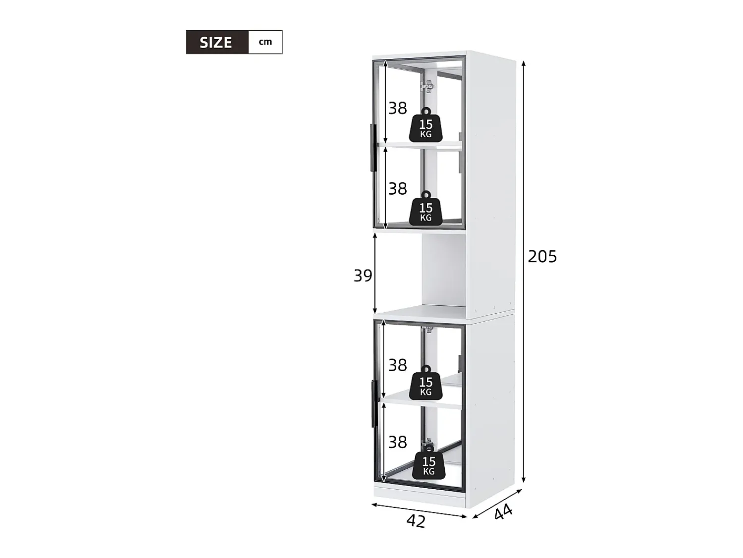 Vitrina*ModernLuxe Vitrine 205 cm de altura - Iluminação LED - 4 portas de vidro - Fundo espelho - Armazenamento aberto - Painéis de partículas - Branc Branco