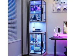 Vitrina*ModernLuxe Vitrine 205 cm de altura - Iluminação LED - 4 portas de vidro - Fundo espelho - Armazenamento aberto - Painéis de partículas - Branc Branco