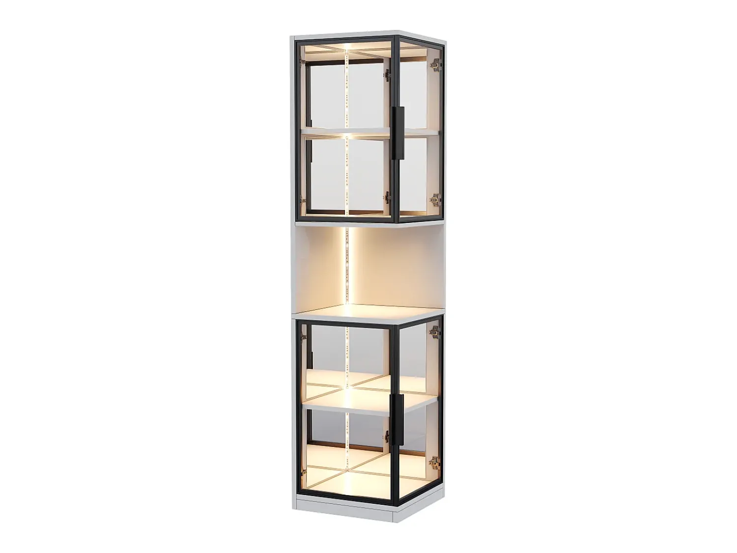 Vitrina*ModernLuxe Vitrine 205 cm de altura - Iluminação LED - 4 portas de vidro - Fundo espelho - Armazenamento aberto - Painéis de partículas - Branc Branco