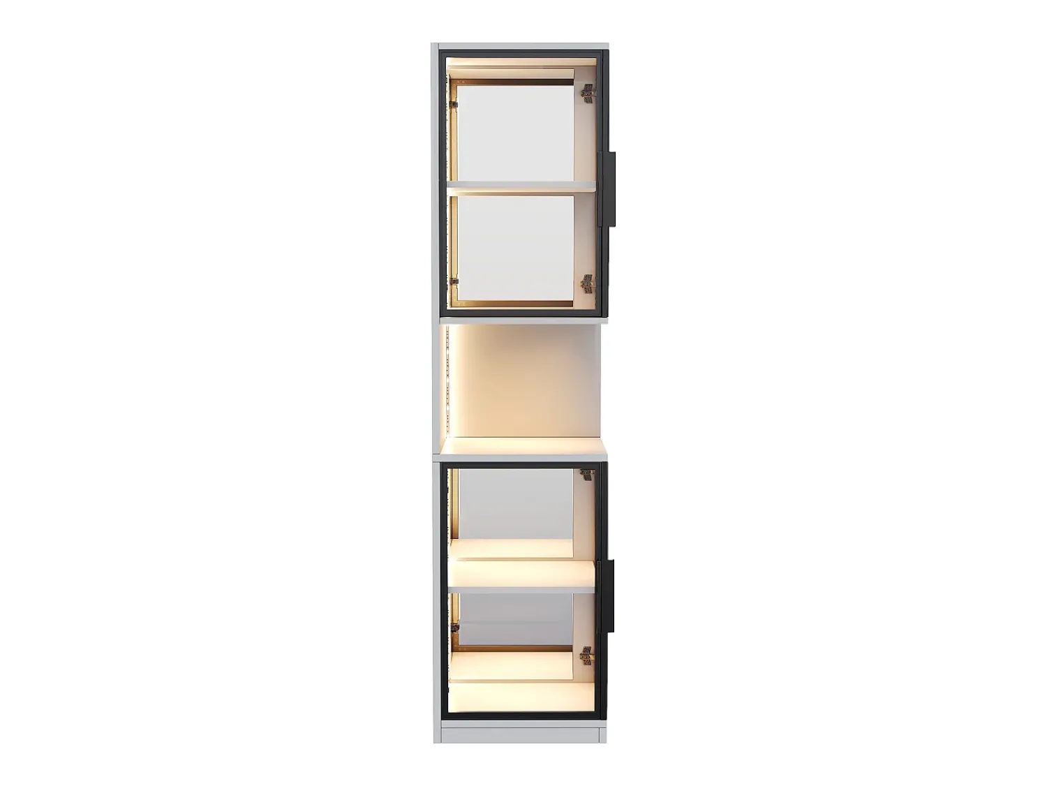 Vitrina*ModernLuxe Vitrine 205 cm de altura - Iluminação LED - 4 portas de vidro - Fundo espelho - Armazenamento aberto - Painéis de partículas - Branc Branco