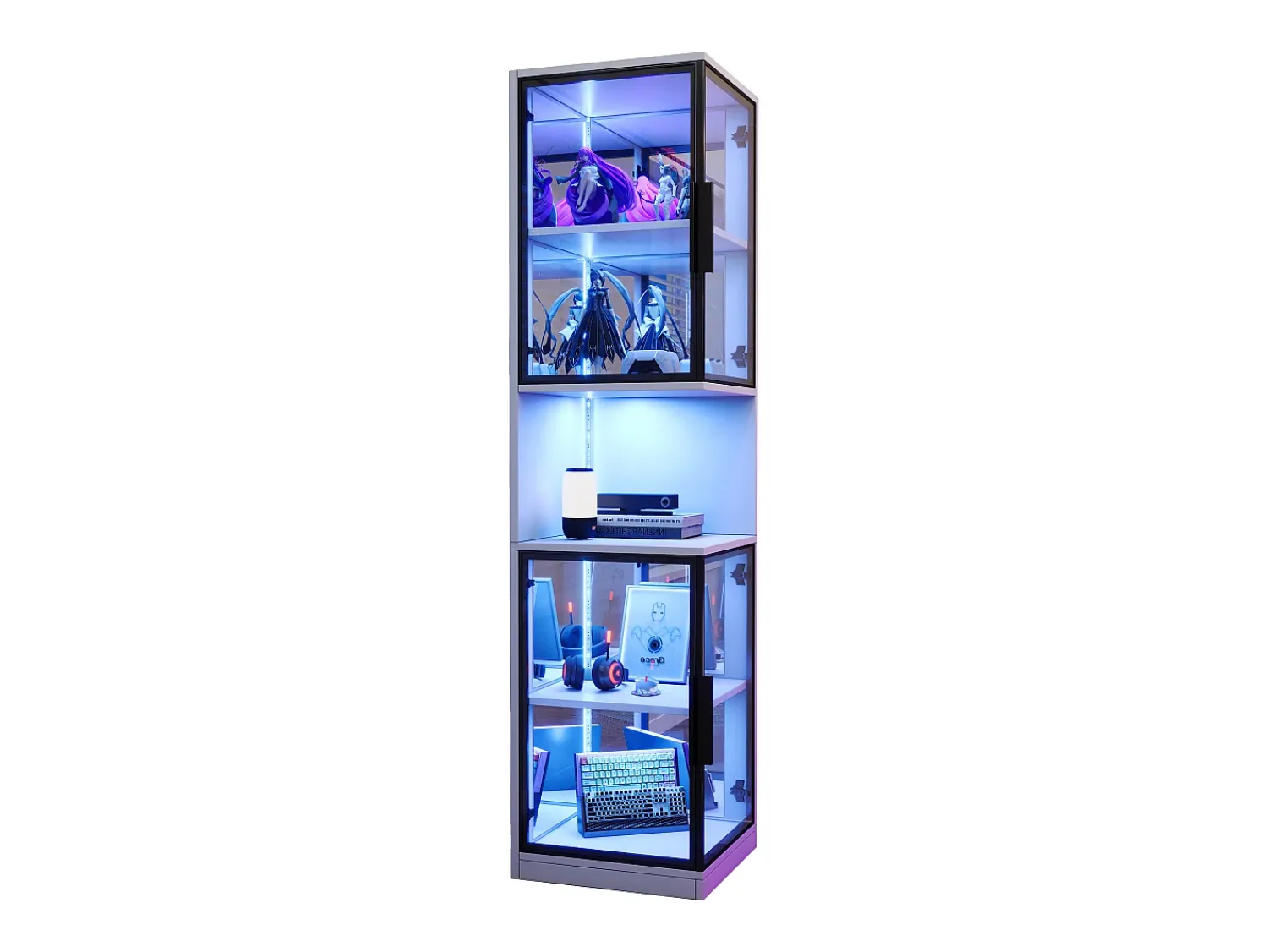 Vitrina*ModernLuxe Vitrine 205 cm de altura - Iluminação LED - 4 portas de vidro - Fundo espelho - Armazenamento aberto - Painéis de partículas - Branc Branco